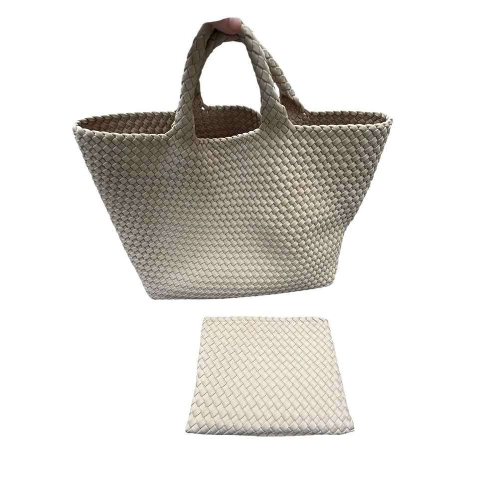 Naghedi St Barths Large Tote Ecru/Cream Neoprene Woven Bag and zippered pouch